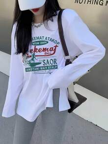 Best-Selling Contrast Color Letter Print Long Sleeve Base Layer Top, Slouchy Side Slit Flattering Slimming Versatile Long T-Shirt Casual White - White - View 4