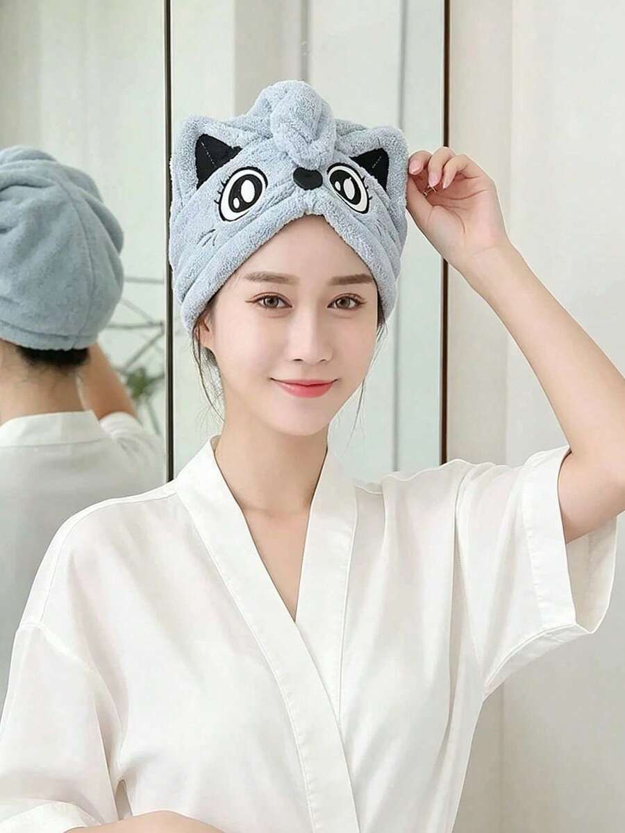1件可愛卡通女款柔軟吸水刺繡洗髮帽浴室毛巾 - 淺藍色 - 查看 1