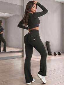 6pecil High Waist Flare Yoga Pants With Pockets, Ruched Butt Flare Bottom Pants, Tummy Control Wrinkle-Free Design Black Flare Pants Sports, Athleisure Chic - Black - View 4
