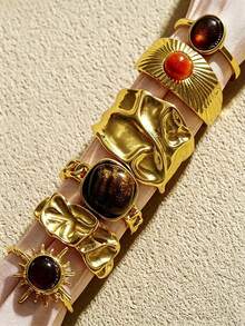 13/6pcs Vintage Casual Asymmetrical Sunflower Tiger Eye Stone Gold Alloy Rings For Women, Suitable For Daily Wear, Commute, Beach, Vacation, Party And Gift - Gold - View 4