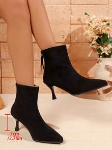 Women's Fashion High Heel Ankle Boots, Black Suede Pointed Toe Stiletto Heel Back Zipper Ankle Boots, Thermal Lined Warm - Black - View 6