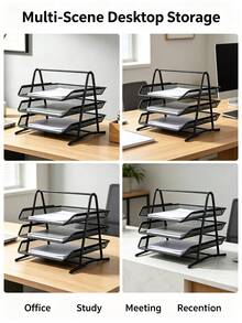 Metal Mesh File Organizer With Drawers, 3-Tier Stackable Desktop Document Rack, Black Iron Letter Storage Stand For Office & Home Desk. - Black Three-layer Folder - View 4