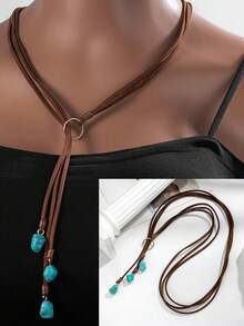Yanxyad Bohemian Style Turquoise Jewelry Set, Sliding Necklace, Feather Tassel Pendant Earrings And Multi-Layer Wrapped Bracelet, Concert Accessories Women's Gift - Blue - View 3