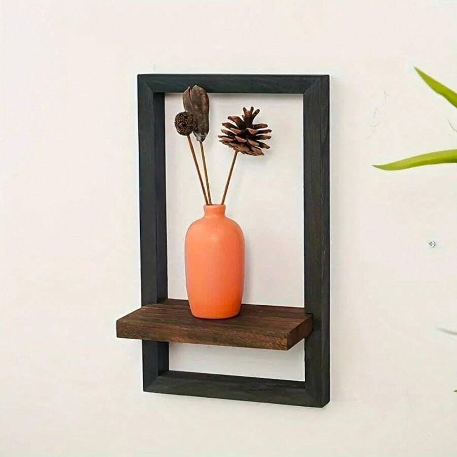 1pc Black And Brown Vintage Wooden Wall Shelf - Rustic Square Display Rack For Photos, Candles, Flowers, Photo Albums And Potted Plants - Perfect For Living Room And Office Decor, Vintage Decoration - Multicolor - View 1