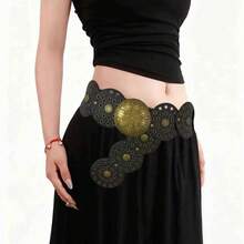 European & American Vintage Western Style Women's Exaggerated Round Hollow Metal Patchwork Wide Waist Belt, Bohemian PU Leather - Large Round Pancake - View 9
