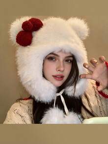 Cute Bow Plush White Earmuff Hat, Thick Warm Fluffy Beanie For Women, Daily Wear In Autumn/Winter - Multicolor - View 7