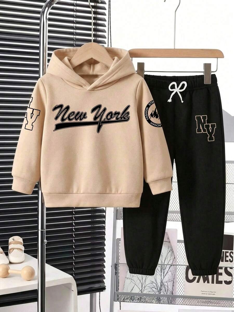 Young Boy Letter Print Warm Hooded Sweatshirt And Pants - Apricot - View 1