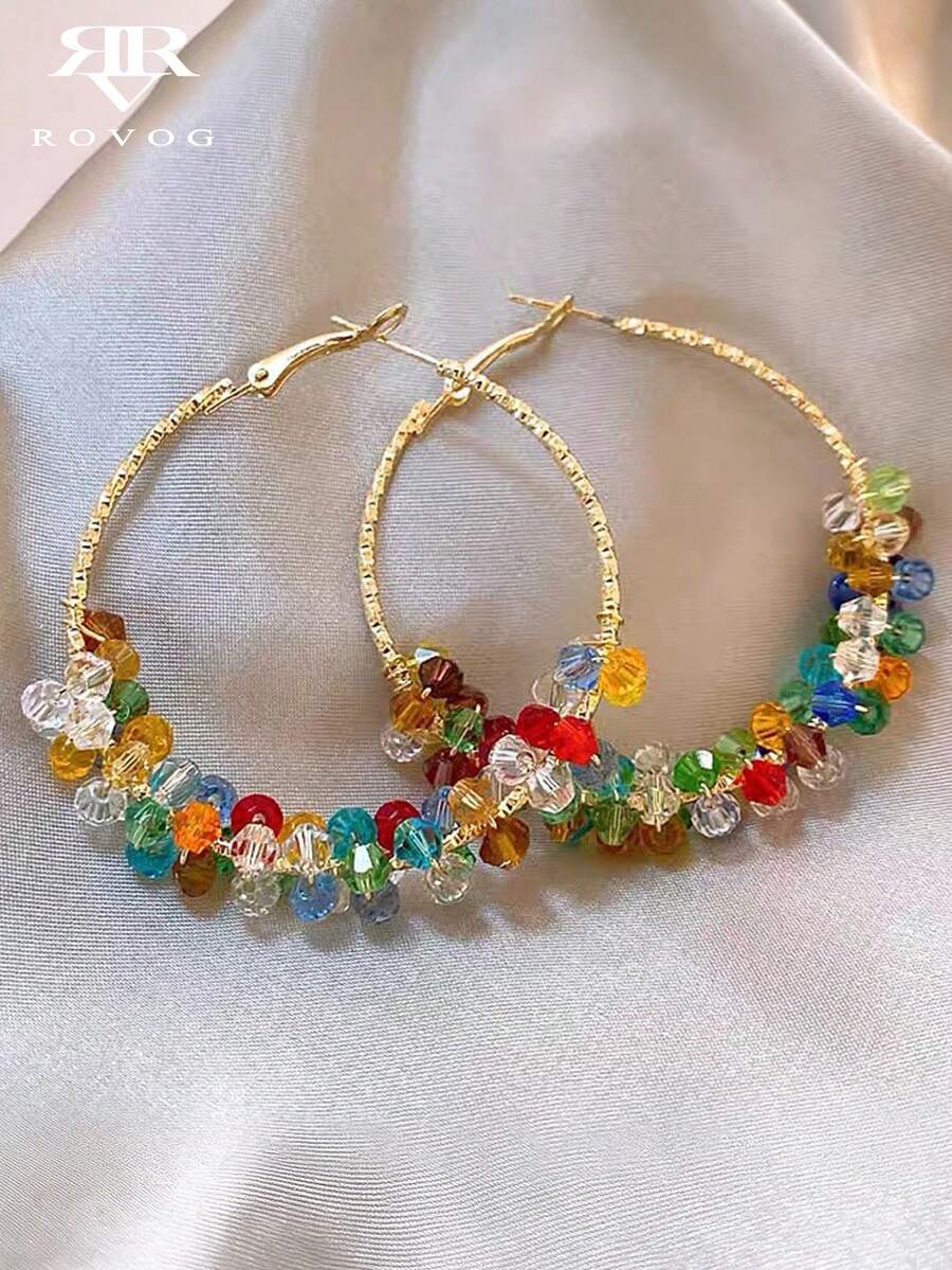 1 Pair Sweet Elegant Colorful Wrapped Beaded Hoop Earrings Suitable For Vacation And Party Wear