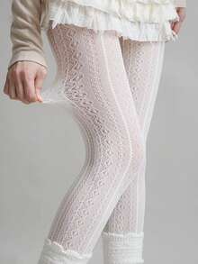 STAR RIVER Autumn/Winter White Sweet Lolita Vertical Stripe Lace Tights, Vintage JK Hollow Out Mesh Stockings - Multicolor - View 3