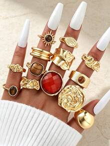 13/6pcs Vintage Casual Asymmetrical Sunflower Tiger Eye Stone Gold Alloy Rings For Women, Suitable For Daily Wear, Commute, Beach, Vacation, Party And Gift - Gold - View 2