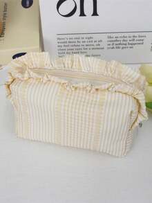 Cute Ruffle Lace Makeup Bag, Women & Girls, Vintage Striped Polka Dot Cosmetic Organizer, Travel Toiletry Bag, Suitable For Daily Use, Vacation And Dorm Storage - Multicolor - View 17