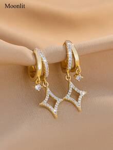 1 Pair Minimalist Luxury Double Star Earrings, Gold-Plated Wide Zirconia Women's Earrings, Unique Design Suitable For Work/Party - Double Geometric Earrings - View 3