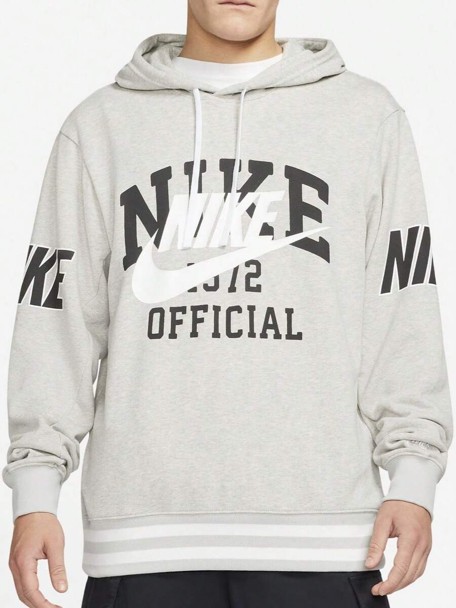 Nike Men's Drawstring Hooded Pullover Sweatshirt With Large Logo Print, Comfortable Minimalist Loose Fit, Grey - Grey - View 1