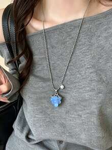 Niche Clear Blue Cat Eye Grape Bead Long Titanium Steel Necklace For Women, Minimalist High-End Non-Fading Sweater Chain - Baby Blue - View 2