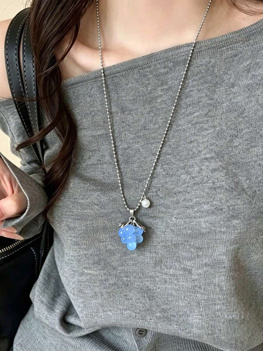 Niche Clear Blue Cat Eye Grape Bead Long Titanium Steel Necklace For Women, Minimalist High-End Non-Fading Sweater Chain