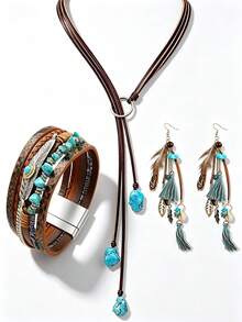 Yanxyad Bohemian Style Turquoise Jewelry Set, Sliding Necklace, Feather Tassel Pendant Earrings And Multi-Layer Wrapped Bracelet, Concert Accessories Women's Gift - Blue - View 1