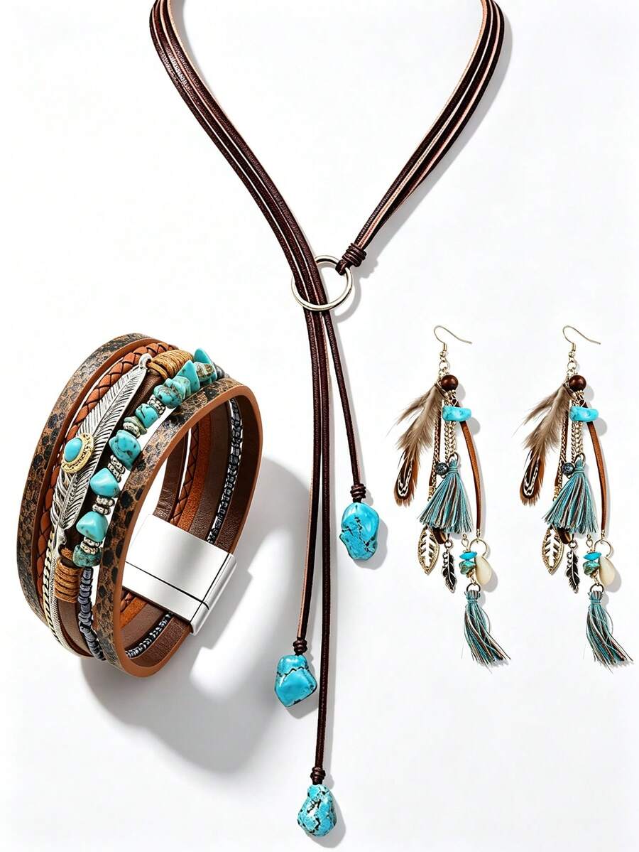 Yanxyad Bohemian Style Turquoise Jewelry Set, Sliding Necklace, Feather Tassel Pendant Earrings And Multi-Layer Wrapped Bracelet, Concert Accessories Women's Gift - Blue - View 1