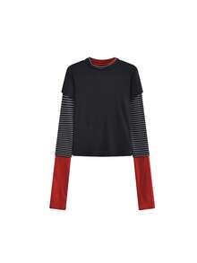 Kaos Lengan Panjang Wanita Motif Patchwork Warna Kontras, Potongan Slim Fit 2 In 1 Atasan Layering, Blus Bergaris (Garis Acak) Kasual Hitam - Hitam - View 5