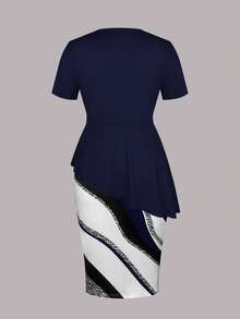 Summer New Plus Size Women Elegant Elegant Solid Color Top And Sexy Bodycon Skirt 2-Piece Set - Royal Blue - View 6