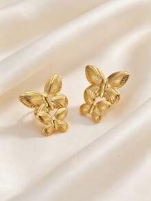 1 par de pendientes de botón con mariposa en relieve de doble capa, acero inoxidable 304 hipoalergénico, joyería romántica personalizada para uso diario y citas de mujer - Dorado - Ver 10
