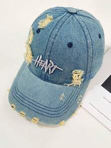 做舊水洗丹寧棒球帽 HEART字母刺繡 破洞毛邊設計復古Dad Hat Y2K街頭風中性戶外遮陽帽 - heart牛仔棒球 - 查看 7