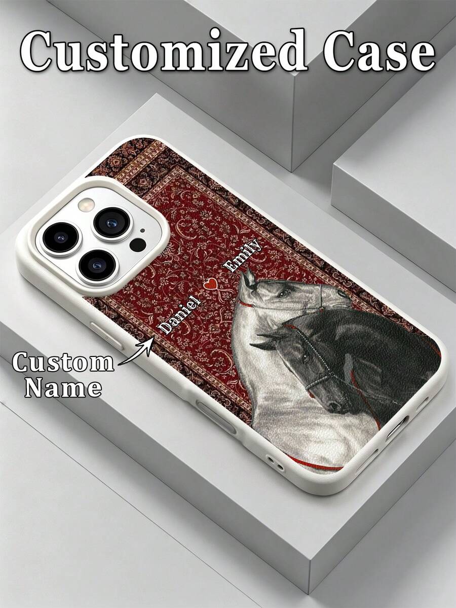 1件 DIY 雙姓名客製化紅色背景波斯地毯圖案雙馬情侶設計 TPU 仿皮革紋理手機殼，兼容 Apple Duo/18ProMax/17ProMax/16Pro/15/14Plus/13Pro/12ProMax/11/XsMax 及 Galaxy A05s/A13/A14/A15/A23/A24/A25/A32/A33/A34/A35/A52/A53/A54/A55/S20/S21 FE/S22 Ultra/S23/S24 Ultra 及 Note 13 Pro/Note 12/11/Note 10 Pro/Note 9/8/13C/12/12C/10A，防摔、防指紋、耐用、美觀、優雅、極具吸引力，送給朋友的最佳禮物 - 彩色 - 查看 1