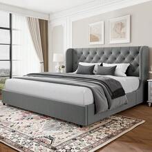 Modern Velvet Upholstered Bed Frame With Curved Wingback Design, Wooden Platform Bed Frame For Bedroom, Full Bed Frame/ Queen Bed Frame/ King Bed Frame/ Full Size Bed Frame/ Queen Size Bed Frame/ King Size Bed Frame,Pink/ White/ Grey - 深灰色 - 查看 12