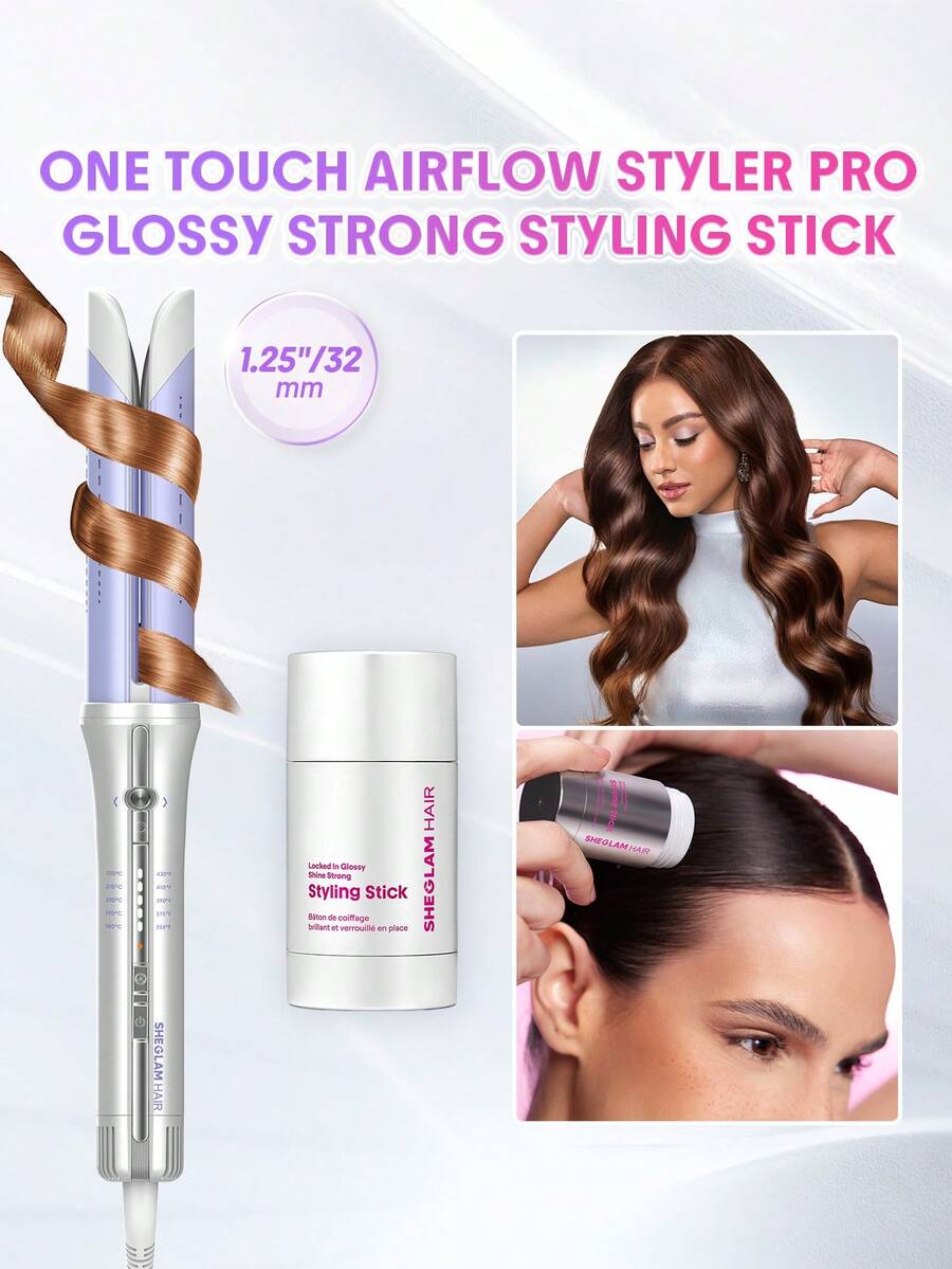 SHEGLAM HAIR One Touch Airflow Styler Pro-32mm+Glossy Shine Strong Styling Stick,Cool Air Auto-Rotating Curling Iron,360° Cooling Airflow One Touch,5 Temps & Auto Off Dual Voltage For All Hair Types - Silver - View 1