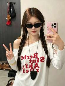 Women's Fashion Open Shoulder Long Sleeve T-Shirt, High Elasticity Polyester Fabric, Autumn Essential, Suitable For Daily Wear White Casual - White - View 2