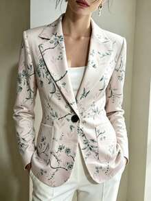 Blazer Wanita Lengan Panjang Motif Bunga dengan Kerah Terbuka, Jaket Depan Terbuka dengan Kantong Samping, Pakaian Luar Elegan untuk Kantor & Sehari-hari, Musim Semi, Musim Panas, Musim Gugur, Musim Dingin - Aprikot - View 7