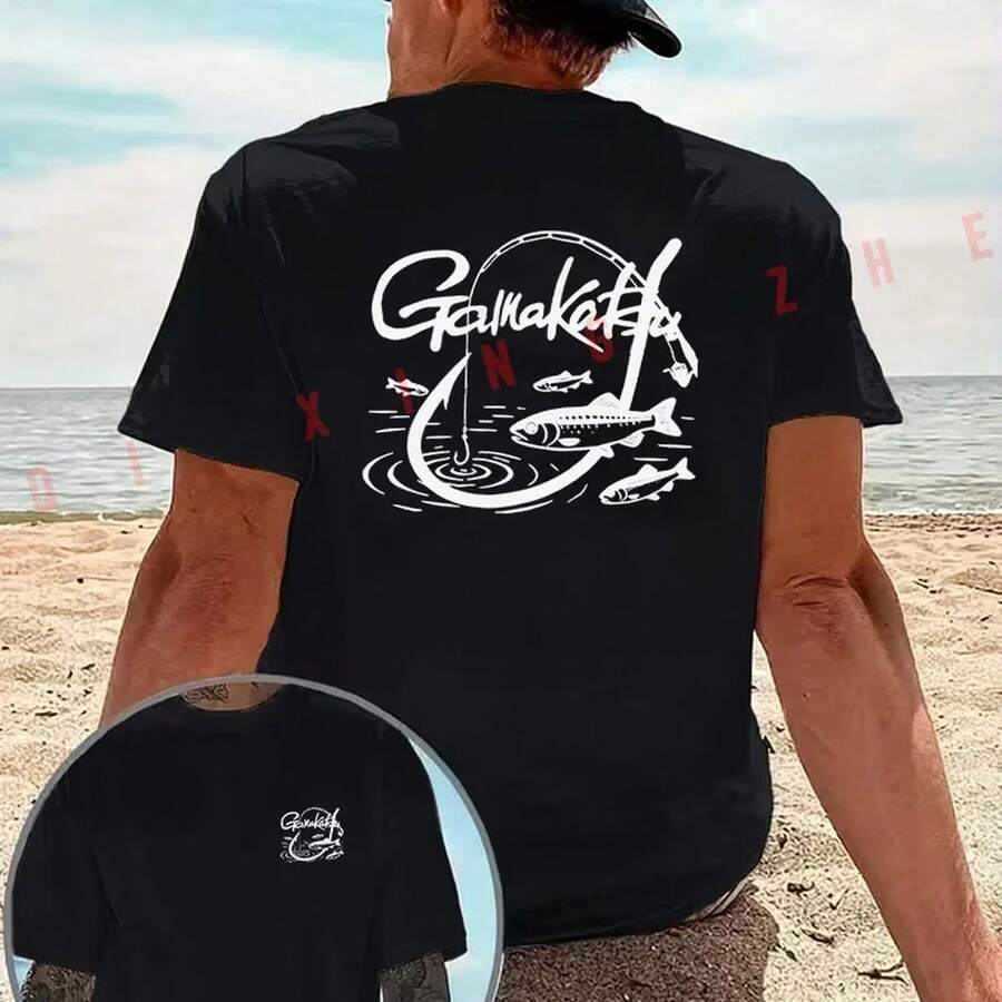 Camiseta exclusiva con estampado de motocicleta para entusiastas de la pesca, marca Gamakatsu, camiseta casual de algodón para hombre con estampado a doble cara, top casual de manga corta. - Negro - Ver 1