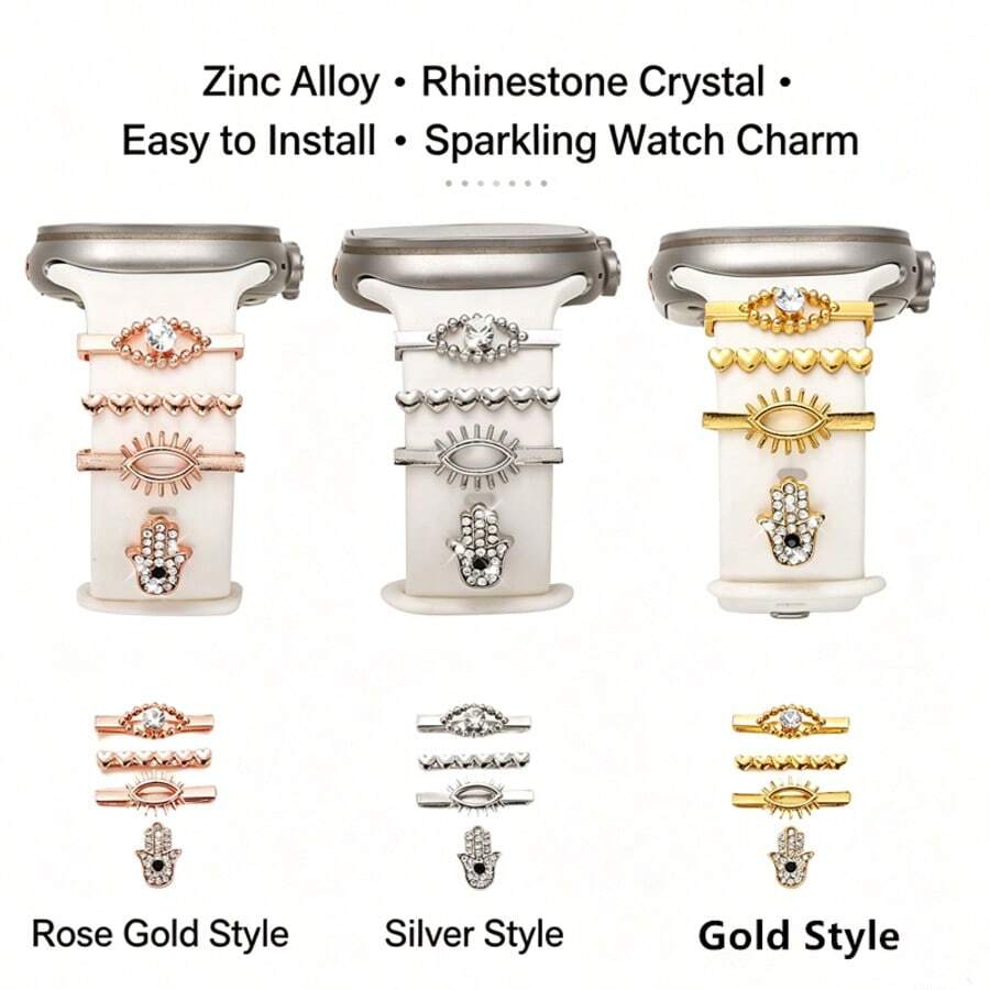 4pcs Zinc Alloy Watch Band Decorative Rings, Evil Eye/Fatima's Hand Decorative Rings, Metal Watch Band Pendant, Suitable For Smartwatch Silicone Band (Band Not Included) - Mouldless - View 1