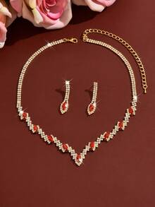 Conjunto de joyería de 3 piezas con collar, aretes y pulsera de metal rojo con incrustaciones de rhinestone, accesorios nupciales y de boda - 1806 Oro Rojo - HB - Ver 4