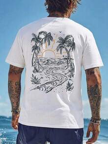 T-shirt à manches courtes col rond style décontracté américain, style plage côtière avec palmiers, convient pour la maison, le bureau, l'extérieur, la ville, régulier, loisirs, élégant, jeunesse, minimaliste, polyvalent, texturé, gracieux, naturel, littéraire - Blanc - Voir 2
