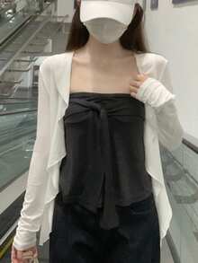 Summer Korean Style 2pcs Set Bandeau Ruched Tie-Up Versatile Short Sleeve T-Shirt Top Elegant Winter - Dark Grey - View 5