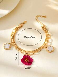 1 pieza Tobillera elegante y encantadora con colgante de trébol de doble capa de color rojo rosa, estilo de vacaciones de verano, adecuada para mujeres, apta para vacaciones, fiestas, citas, regalos, uso diario - Multicolor - Ver 4