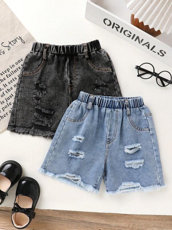 2pcs, Little Boy, Soft And Comfortable, Casual And Fashionable, Distressed Hem Denim Sports Shorts, Boys Shorts, Denim Shorts, Boys Clothing, Boys Jeans, Black Shorts, Suitable For Daily Wear, Vacation, Party, Outdoor Activities