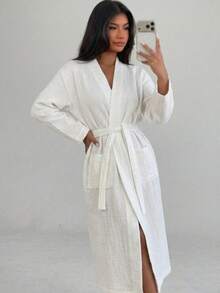 Women's Summer Morning Robe, 100% Pure Cotton, Casual Loungewear, Loose And Comfortable, With Pockets And Waist Tie, Comfortable Set, Suitable For Summer, Autumn And Winter - White - View 11