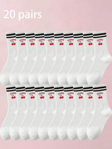 1/3/5 Pairs 3D Printed Cherry Pattern Mid-Calf Socks, Colorful Red Striped Ribbed Splicing Details, Soft And Skin-Friendly - Red - View 30