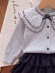 Girls' Double Layer Mesh Large Collar Bow Cute Cardigan And Polka Dot Mesh Ruffle Skirt - Light Grey - View 3