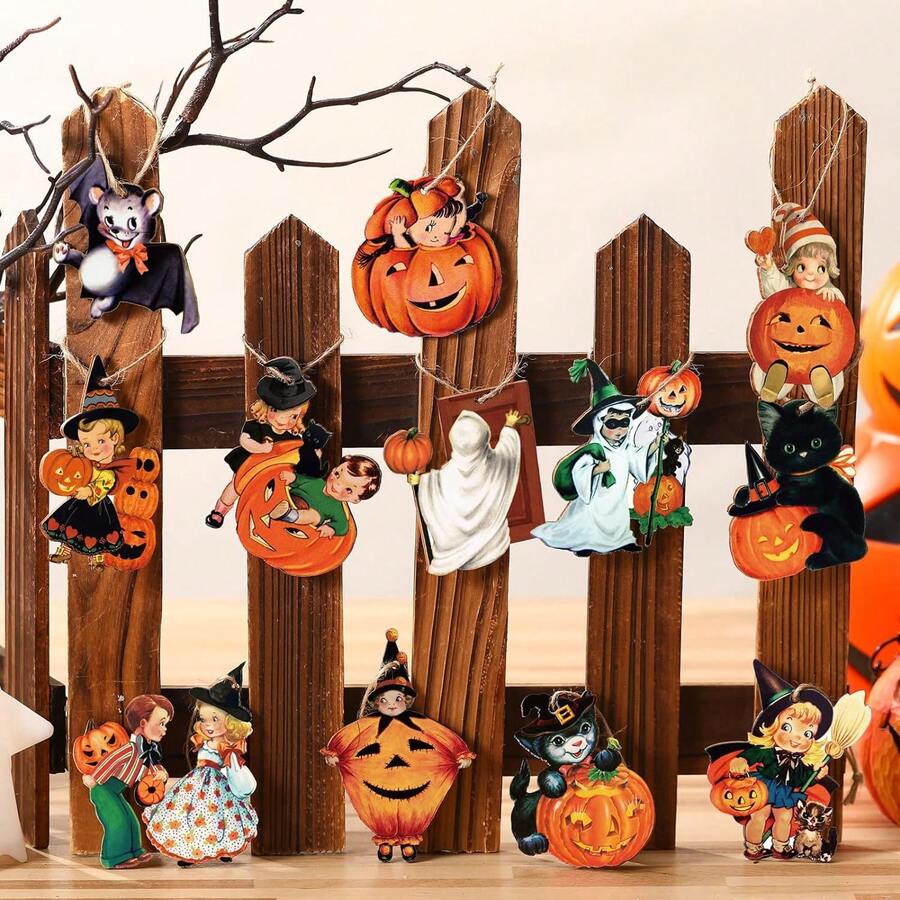 12pcs/24pcs/36pcs Retro Halloween Wooden Ornaments, Halloween Tree Hanging Decorations, Party Props And Supplies - View 1