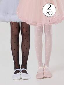 1/2pcs Cute Heart Print Sheer Mesh Ballet Tights, Daily Wear, Pantyhose, White/Black, Soft Dance Socks, Suitable For Toddler Girls, Back To School Season - Multicolor - View 13
