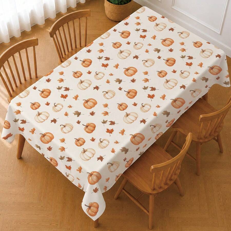 1pc Minimalist Autumn Pumpkin & Maple Leaf Pattern Tablecloth, Stain-Resistant Dining Table Decor, Suitable For Kitchen, Dining Table, Coffee Table, TV Stand, Entryway, Party Holiday Decoration, Home Decor, Autumn Gathering - Multicolor - View 1