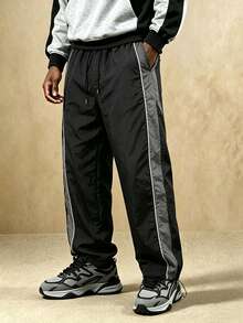 Men's Crinkle Texture Nylon Drawstring Waist Loose Fit Jogger Pants With Side Color Blocking And Topstitching Details, Casual Street Style For Daily Wear, Suitable For Spring/Summer - Light Grey - View 7