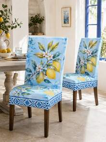 Detachable Elastic Spandex Chair Cover, Light Blue Lemon Dining Chair Protective Cover, Used For Home Living Room, Kitchen Decoration Products, Reusable, Very Suitable For Thanksgiving And Christmas Holidays, Bedroom And Office Furniture Protection. - B - View 3