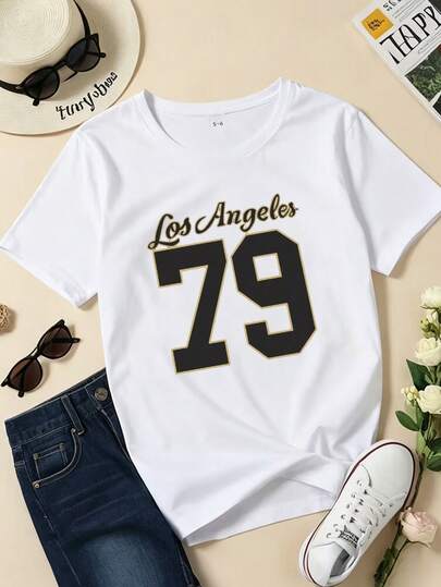 Girls' Summer Short Sleeve T-Shirt, Slim Fit, Knit Fabric, Fashion Street Style, Vintage Los Angeles Hand-Painted #79 Graphic