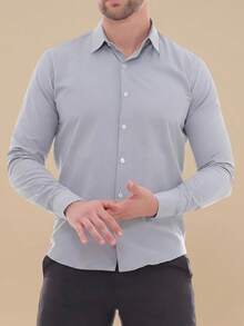 pthirillo Kit Masculino 2 Peças – Conjunto de Calça Social Azul Marinho Escuro com Barra em Overloque + Camisa Social Slim Fit Tricoline de Poliéster Leve Estruturada - Cinza - Visão 5