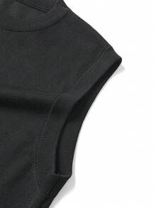 Men's Solid Color Round Neck Knit Vest, Sleeveless Casual Layering Sweater Vest - Black - View 5