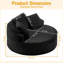 55'' Oversized Round Chair Lounge Chaise Indoor, Large Circle Chair With Deep Seat , Corduroy Sponge Single Sofa With Pillow, No Assembly Required, Boneless Couch For Living Room, Bedroom, Reading - Black - View 2