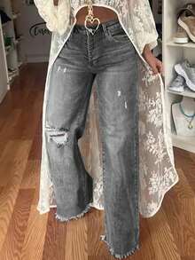 Light Wash Distressed High Waist Full Length Wide Leg Frayed Hem Women's Jeans, Casual Autumn Style - Grey - View 1